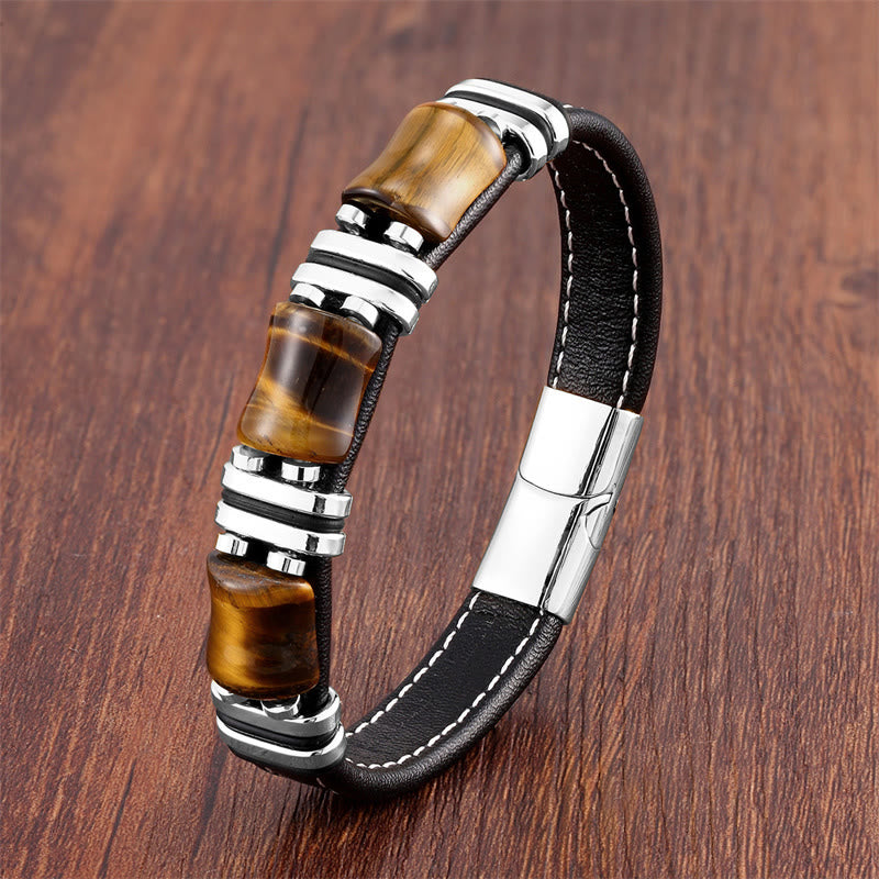 Tiger Eye Three Bamboo Stone Protection Power Leather Bracelet - Image 12