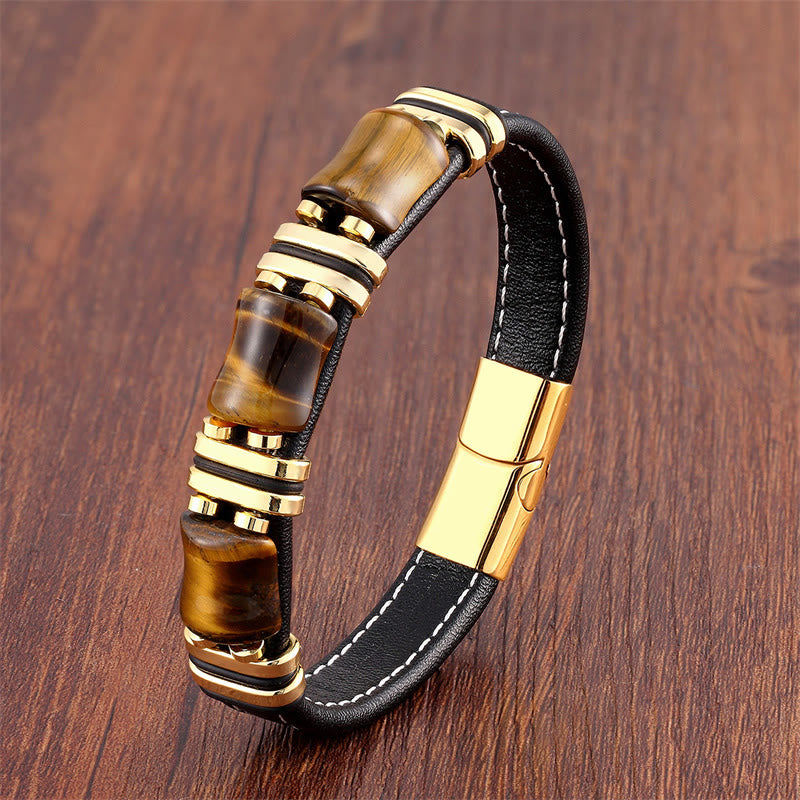 Tiger Eye Three Bamboo Stone Protection Power Leather Bracelet - Image 13
