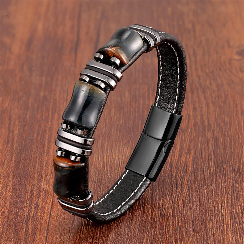 Tiger Eye Three Bamboo Stone Protection Power Leather Bracelet - Image 14