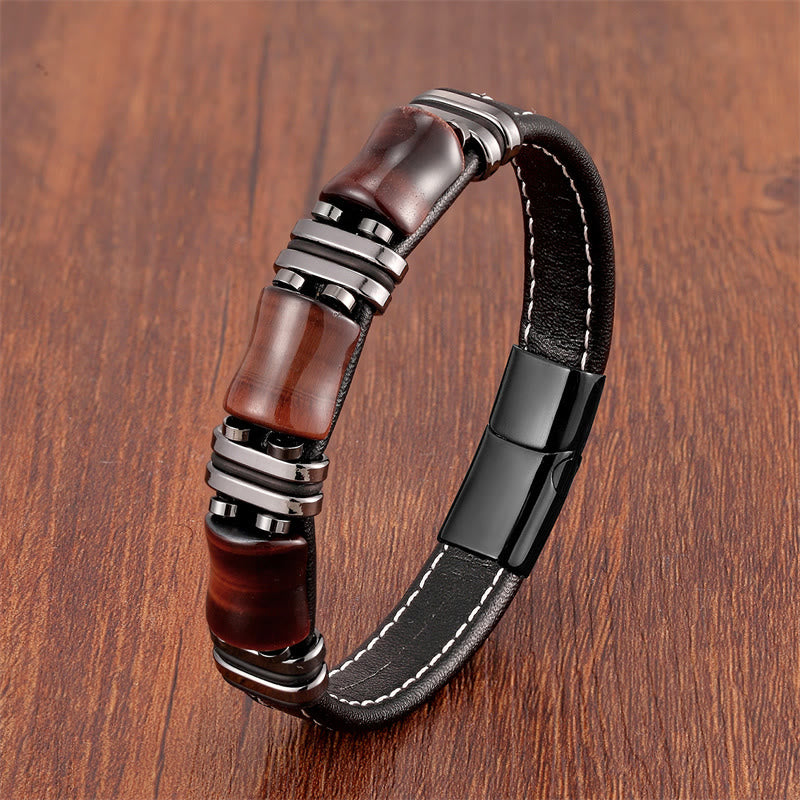 Tiger Eye Three Bamboo Stone Protection Power Leather Bracelet - Image 15