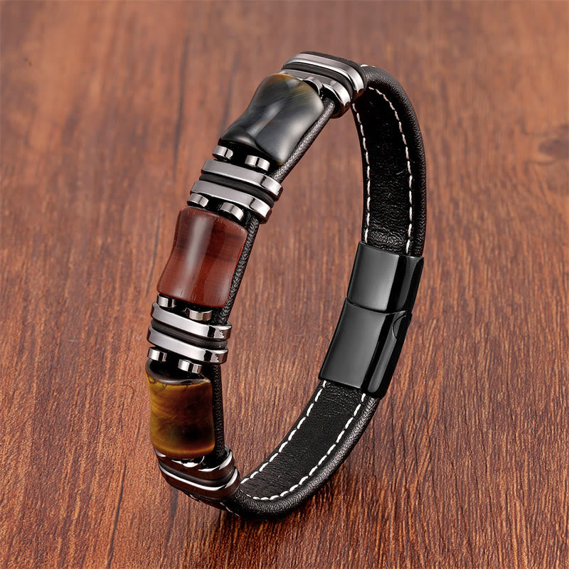 Tiger Eye Three Bamboo Stone Protection Power Leather Bracelet - Image 16
