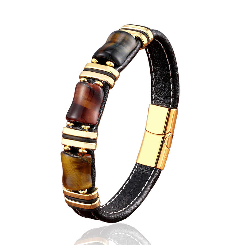 Tiger Eye Three Bamboo Stone Protection Power Leather Bracelet - Image 4