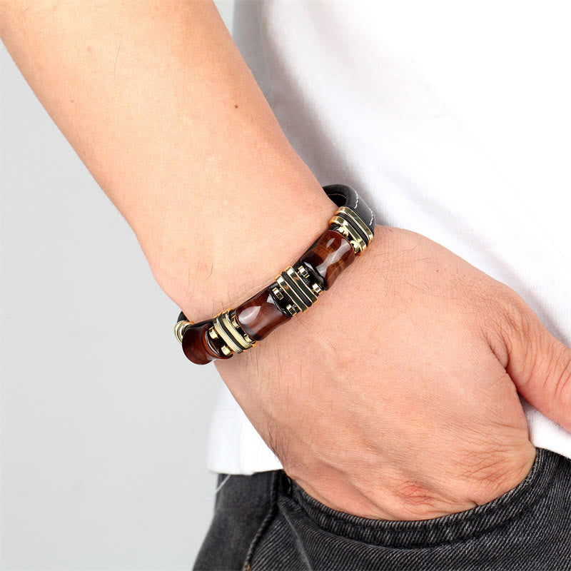 Tiger Eye Three Bamboo Stone Protection Power Leather Bracelet - Image 11