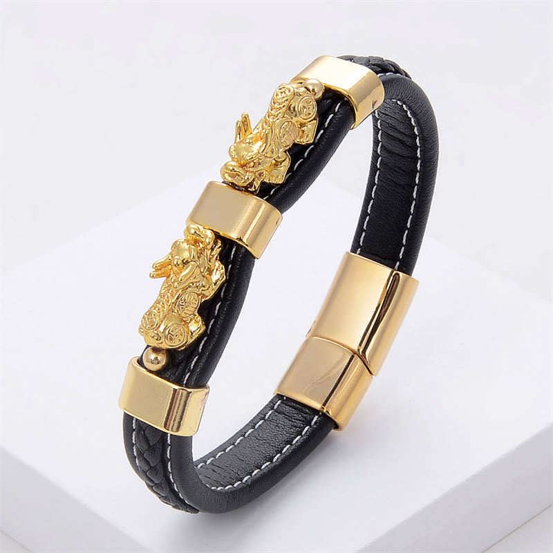 Double PiXiu Wealth Luck Leather Magnetic Buckle Bracelet