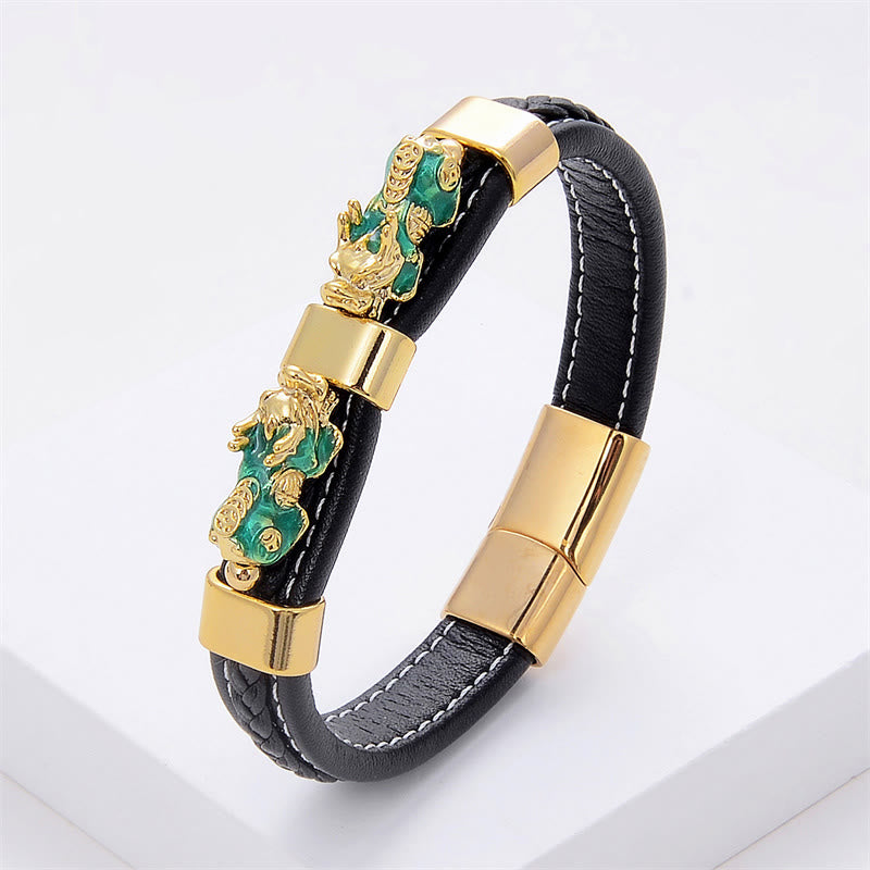 Double PiXiu Wealth Luck Leather Magnetic Buckle Bracelet - Image 3