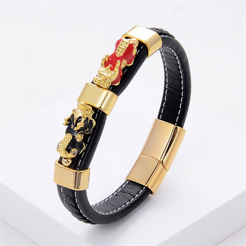 Double PiXiu Wealth Luck Leather Magnetic Buckle Bracelet - Image 4