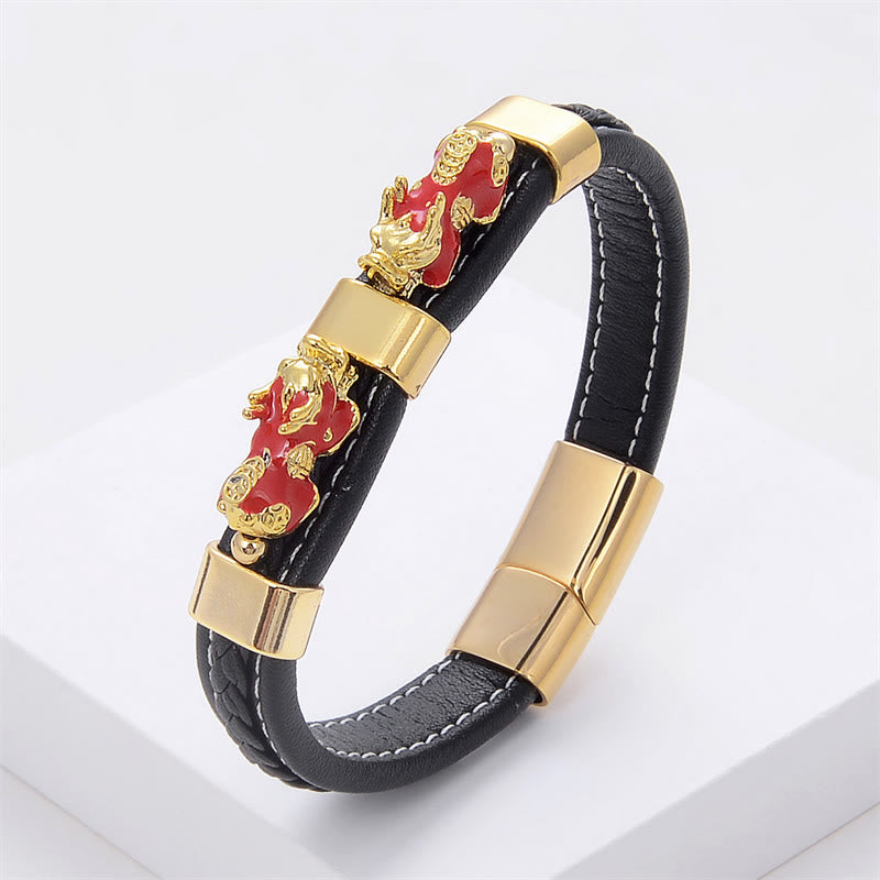 Double PiXiu Wealth Luck Leather Magnetic Buckle Bracelet - Image 8