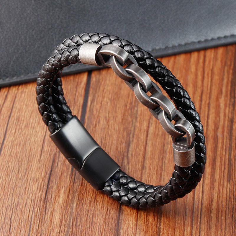 Chain Design Titanium Steel Balance Leather Braided Buckle Bracelet