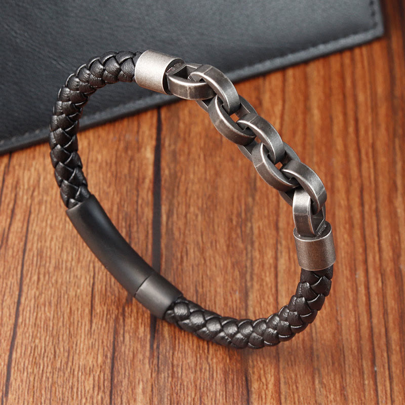Chain Design Titanium Steel Balance Leather Braided Buckle Bracelet - Image 9