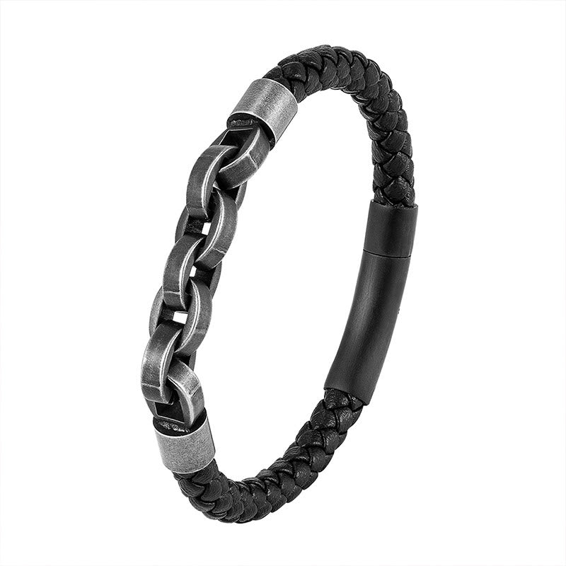 Chain Design Titanium Steel Balance Leather Braided Buckle Bracelet - Image 14