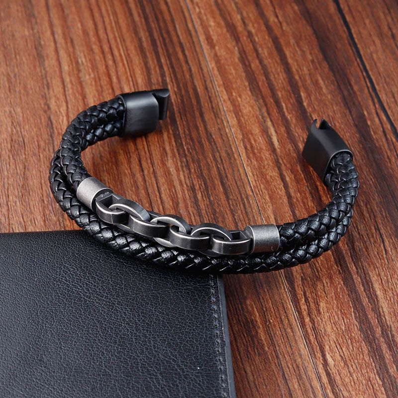 Chain Design Titanium Steel Balance Leather Braided Buckle Bracelet - Image 5
