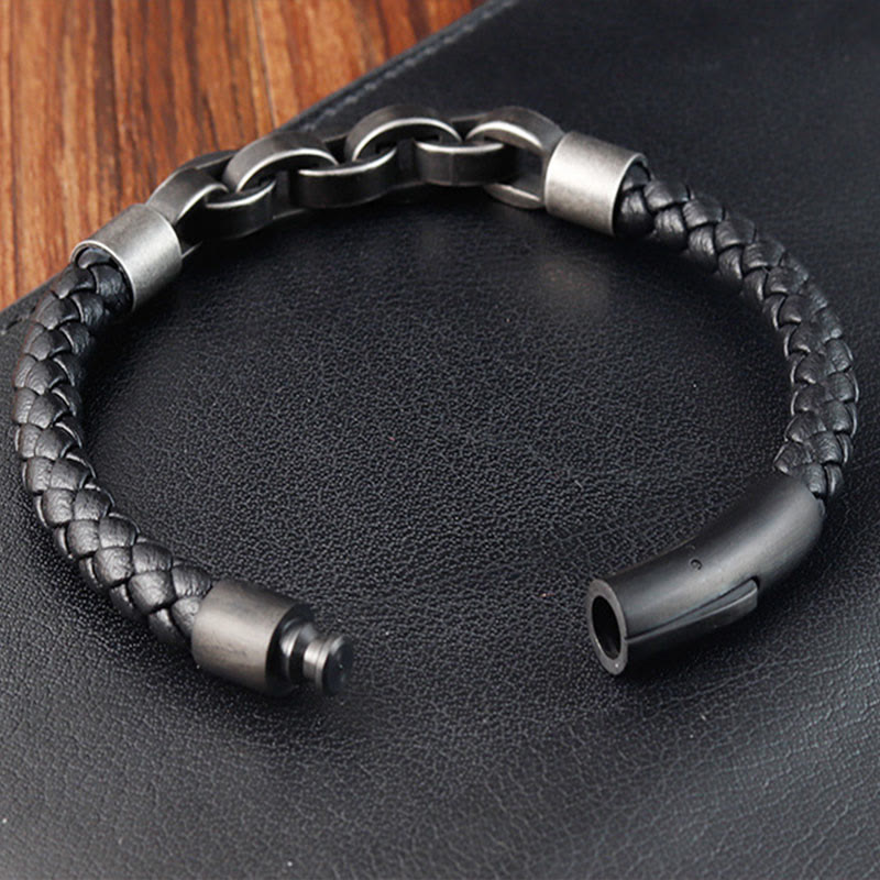 Chain Design Titanium Steel Balance Leather Braided Buckle Bracelet - Image 13