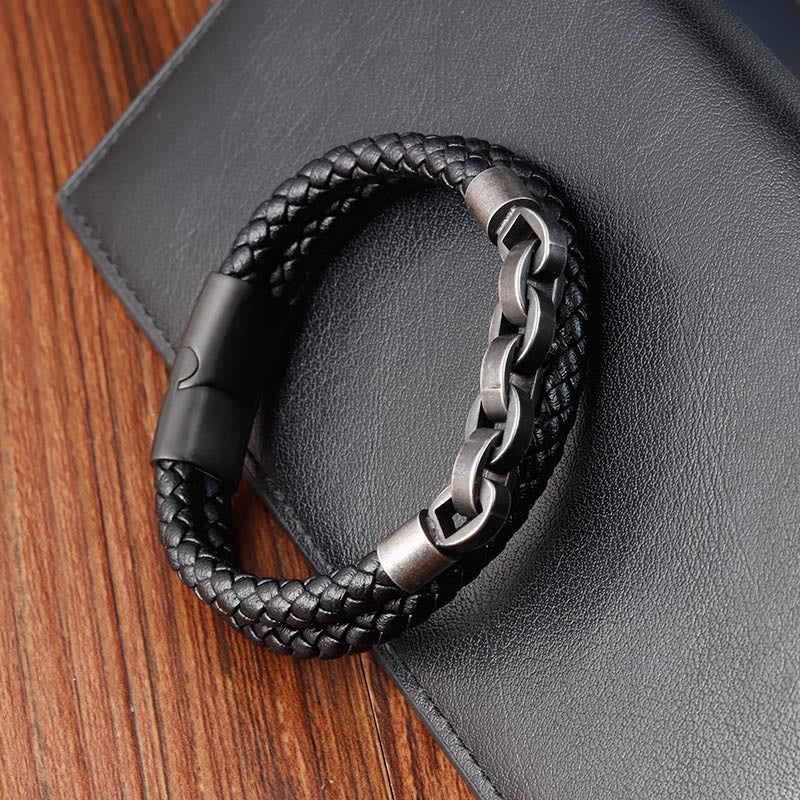 Chain Design Titanium Steel Balance Leather Braided Buckle Bracelet - Image 4