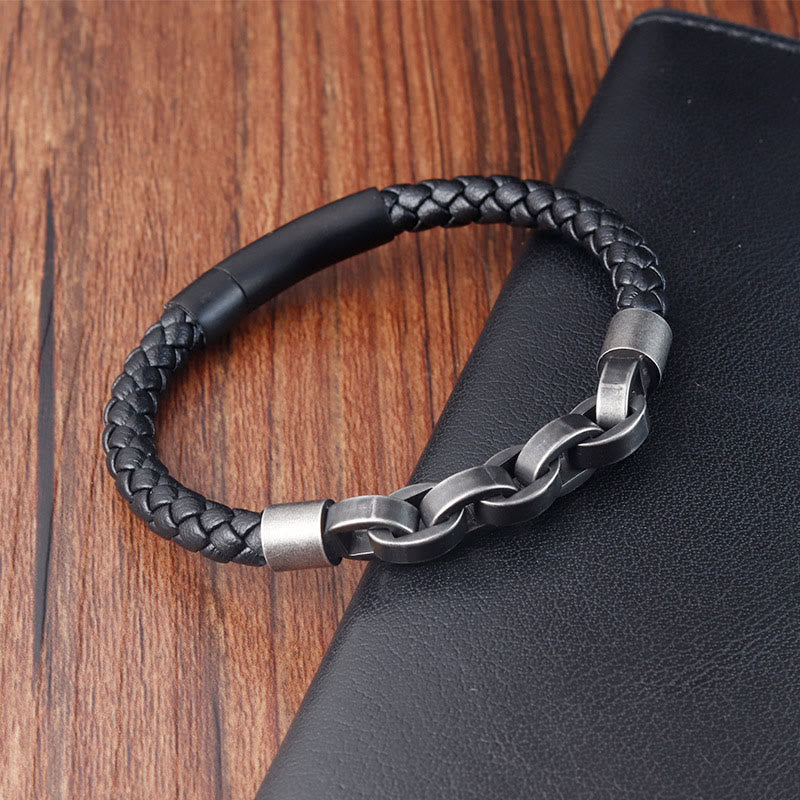 Chain Design Titanium Steel Balance Leather Braided Buckle Bracelet - Image 10