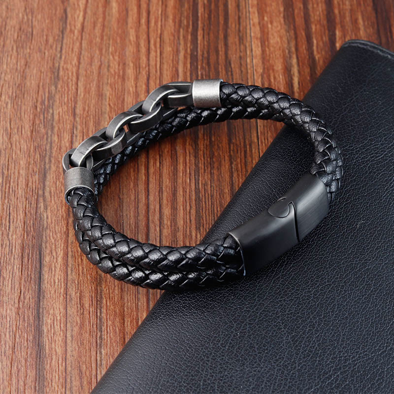 Chain Design Titanium Steel Balance Leather Braided Buckle Bracelet - Image 3