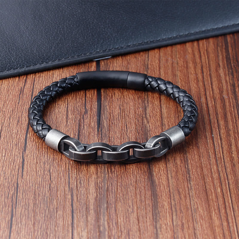 Chain Design Titanium Steel Balance Leather Braided Buckle Bracelet - Image 11