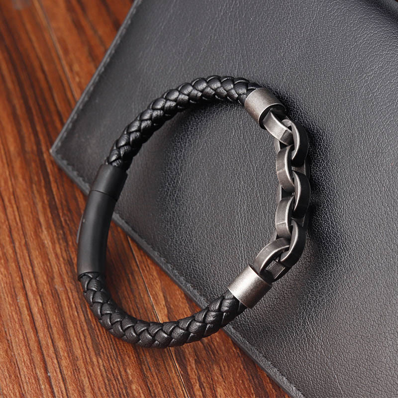 Chain Design Titanium Steel Balance Leather Braided Buckle Bracelet - Image 12