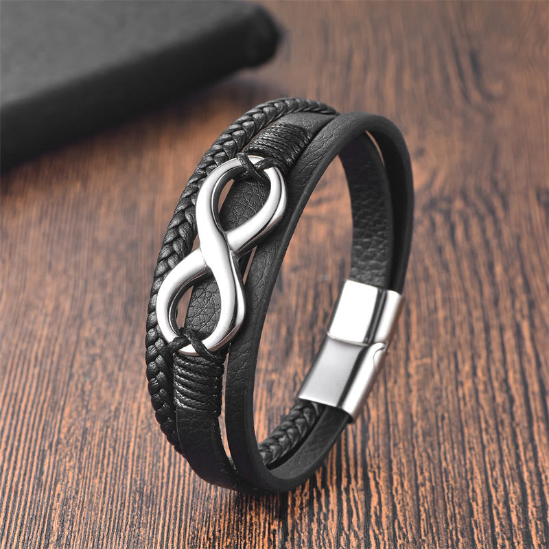 Eternal Endless Knot Infinity Symbol Titanium Steel Calm Leather Buckle Bracelet