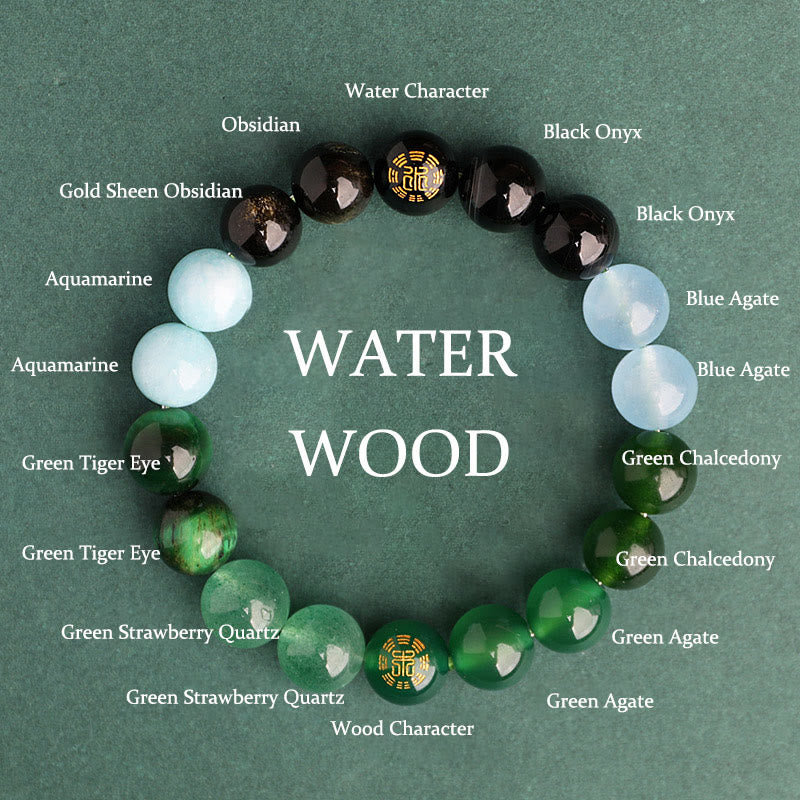 Five Elements Various Agate Crystal Black Onyx Green Chalcedony Aquamarine Wisdom Bracelet