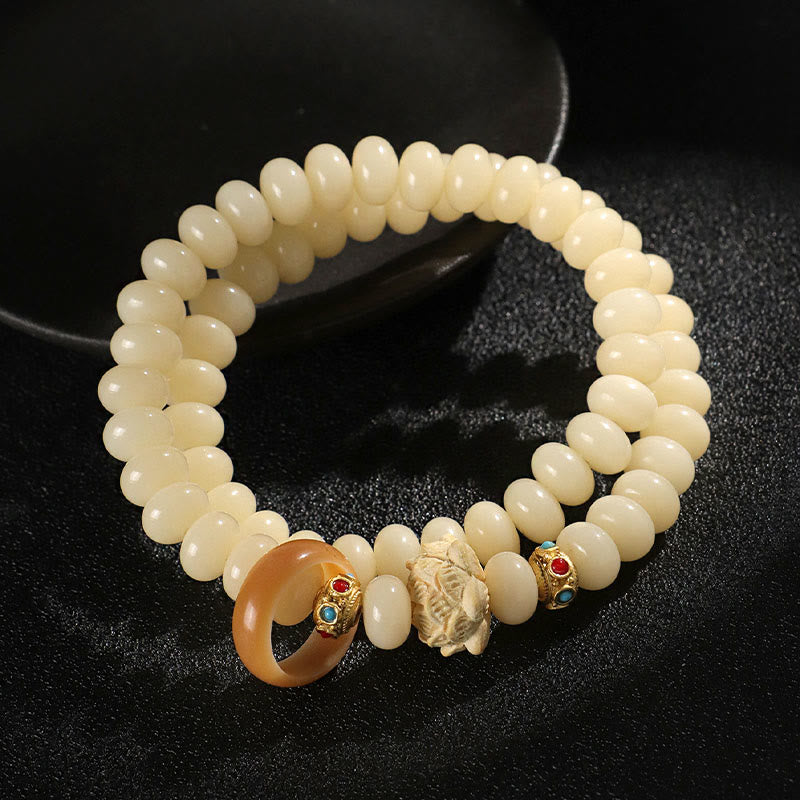 Bodhi Seed Peach Wood Lotus Wealth Double Wrap Bracelet