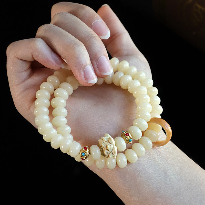 Bodhi Seed Peach Wood Lotus Wealth Double Wrap Bracelet - Image 4