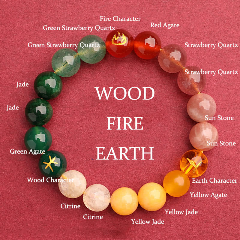 Five Elements Various Agate Crystal Green Strawberry Quartz Sun Stone Wealth Bracelet