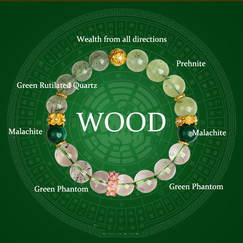Five Elements Various Agate Crystal Green Phantom Rutilated Quartz Green Grape Agate Malachite Luck Bracelet