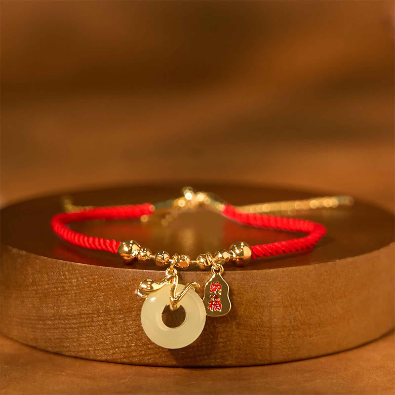 Copper Plated Gold Jade Peace Buckle Fu Character Year Of The Snake Red String Luck Bracelet