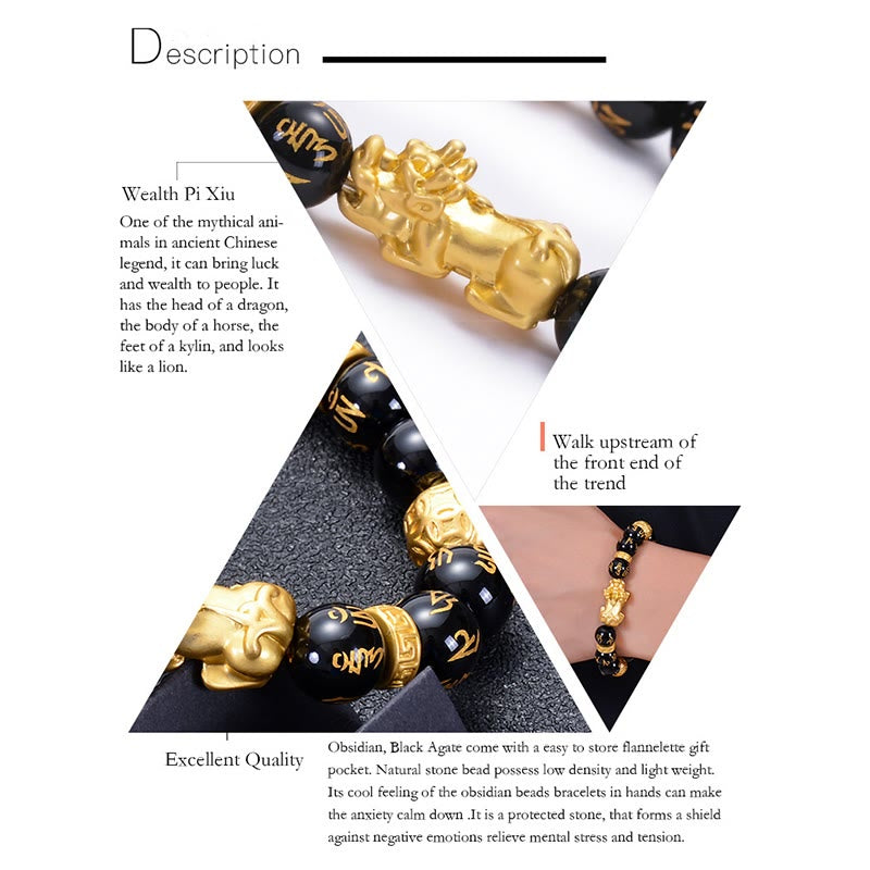 Black Obsidian Black Onyx Alloy PiXiu Om Mani Padme Hum Strength Bracelet - Image 5