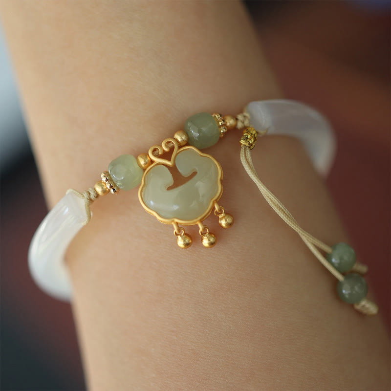 Chalcedony Hetian Jade 925 Sterling Silver Auspicious Cloud Ruyi Lock Harmony Cuff Half Bracelet Bangle