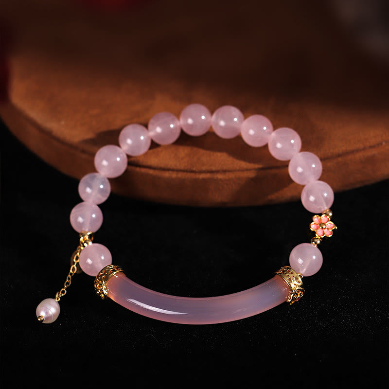 Pink Crystal Blue Chalcedony Pearl Cuff Half Bracelet Bangle - Image 3