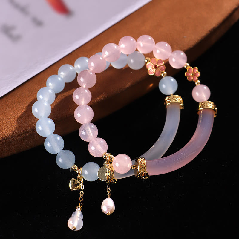 Pink Crystal Blue Chalcedony Pearl Cuff Half Bracelet Bangle - Image 11