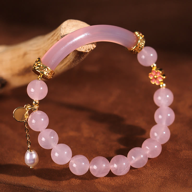 Pink Crystal Blue Chalcedony Pearl Cuff Half Bracelet Bangle