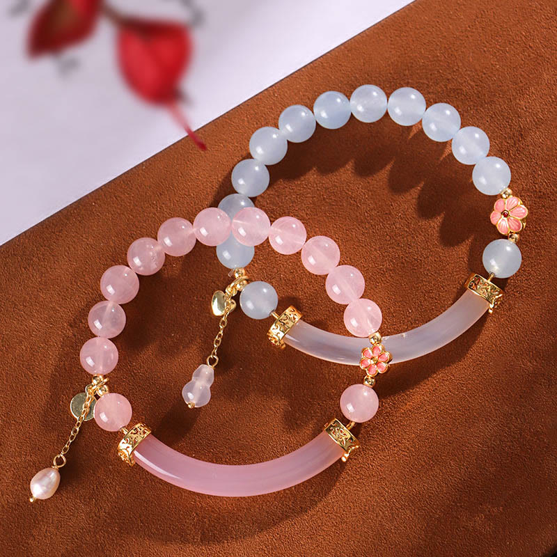 Pink Crystal Blue Chalcedony Pearl Cuff Half Bracelet Bangle - Image 4