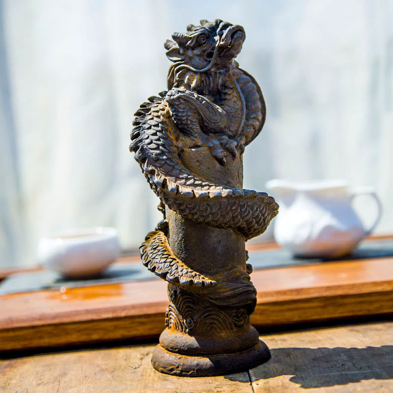 Handmade Flying Dragon Around The Pillar Iron Powder Rust Cast Resin Statue Home Decoration