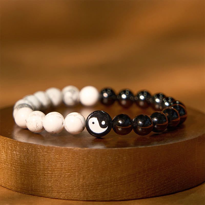 Natural Obsidian White Turquoise Yinyang Tai Chi Strength Bracelet