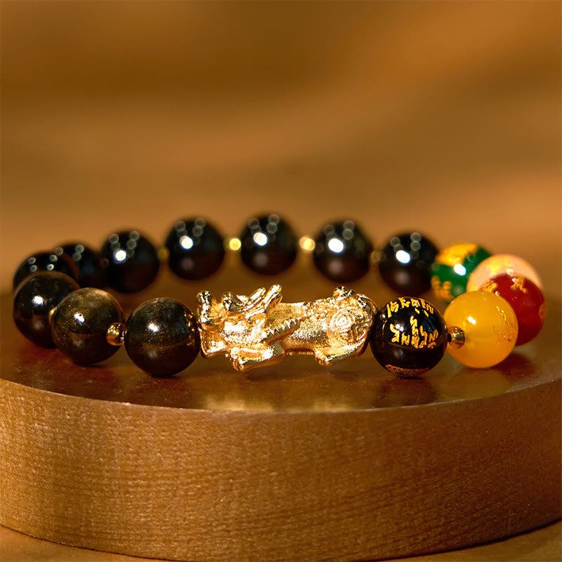 Natural Gold Sheen Obsidian PiXiu Five Directions Gods of Wealth Protection Bracelet