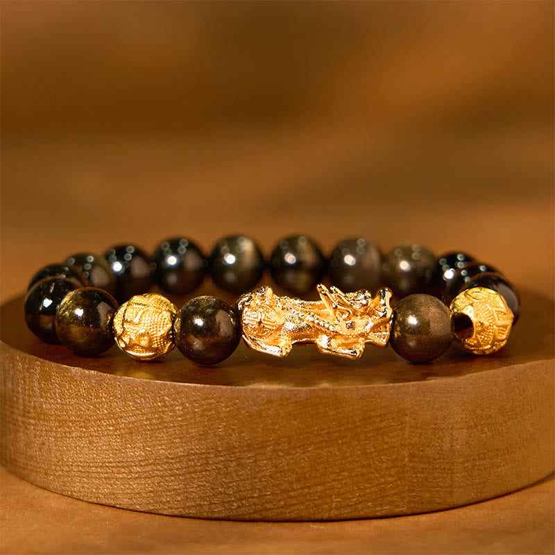 Natural Gold Sheen Obsidian PiXiu Om Mani Padme Hum Wealth Bracelet