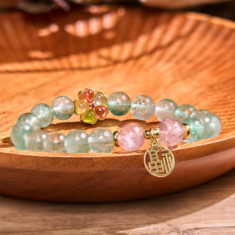 Natural Green Strawberry Quartz Soothing Fu Character Bracelet