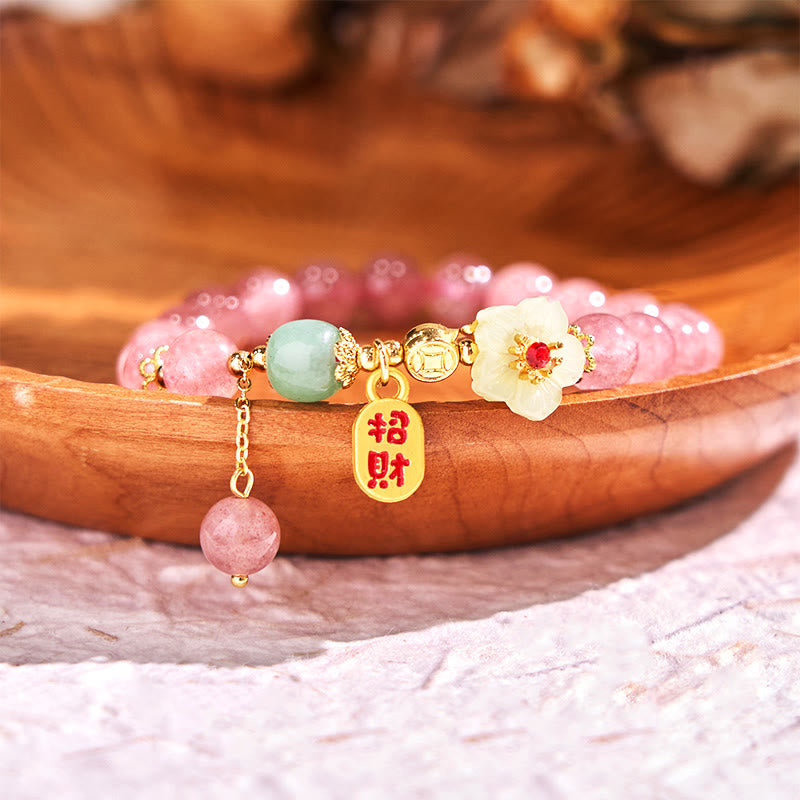 Natural Strawberry Quartz Blossom Fu Character Positivity Healing Bracelet
