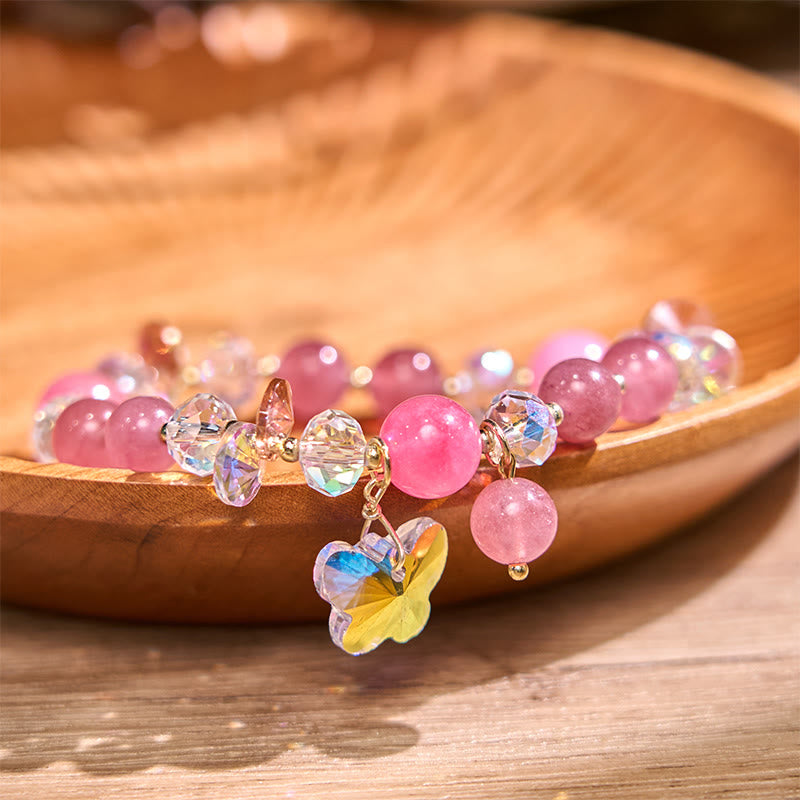 Strawberry Quartz White Crystal Pink Crystal Butterfly Love Bracelet