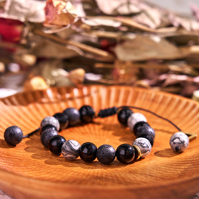 Black Obsidian Lava Rock Stone Yin Yang Strength Bracelet