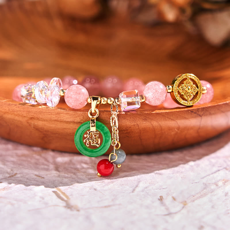 Strawberry Quartz Jade Fu Character Charm Healing Bracelet