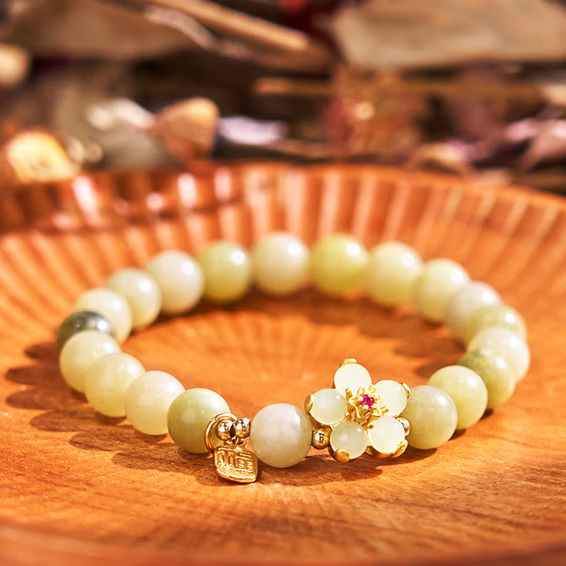 Green Jade Flower Fu Character Charm Luck Bracelet