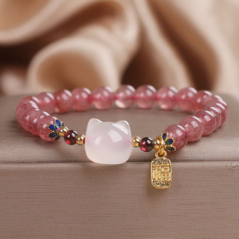 Strawberry Quartz White Jade Cat Fu Character Healing Bracelet