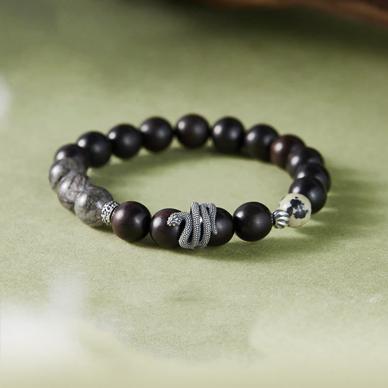 Ebony Wood Black Rutilated Quartz 925 Sterling Silver Year Of The Snake Balance Bracelet