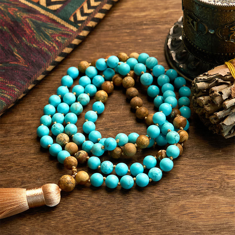108 Mala Beads Turquoise Picture Jasper Bead Tassel Balance Bracelet