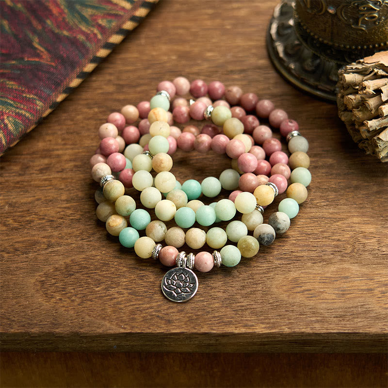 108 Mala Rhodonite Amazonite Beads Lotus Compassion Bracelet