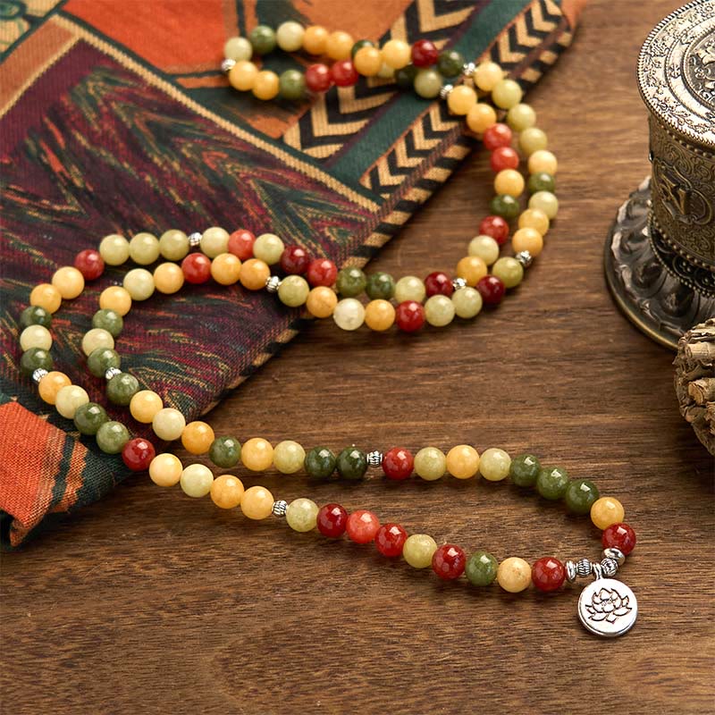 108 Mala Beads Natural Colored Stone Topaz Red Jasper Green Jasper Lotus Protection Bracelet - Image 3
