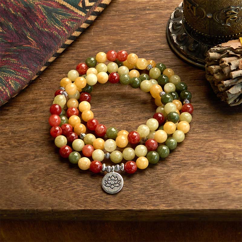 108 Mala Beads Natural Colored Stone Topaz Red Jasper Green Jasper Lotus Protection Bracelet